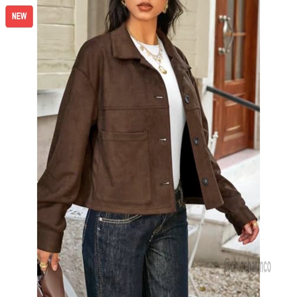 Cropped Faux Suede Jacket Lapel Collar Button Down Casual Vintage Shacket - Picture 3 of 6